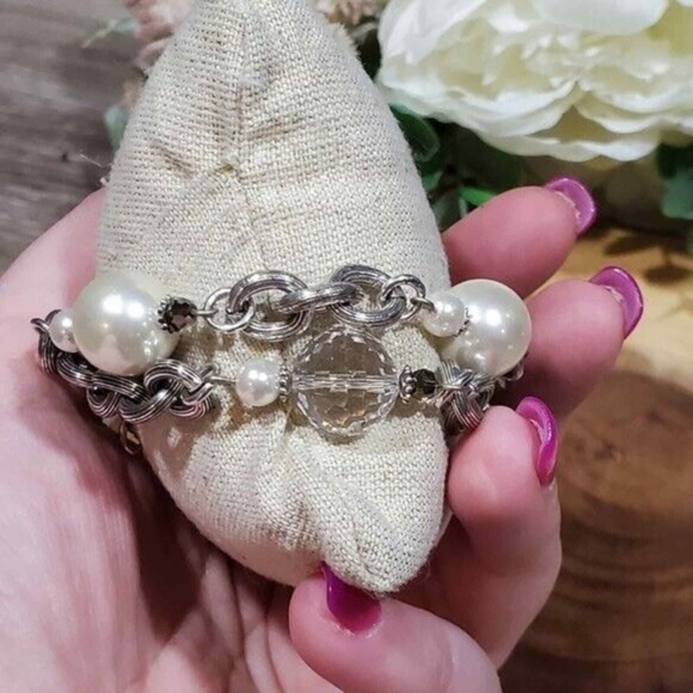 Brighton Faux pearl‎ Crystal Beaded Bauble double strand  Silver bracelet - Picture 7 of 7